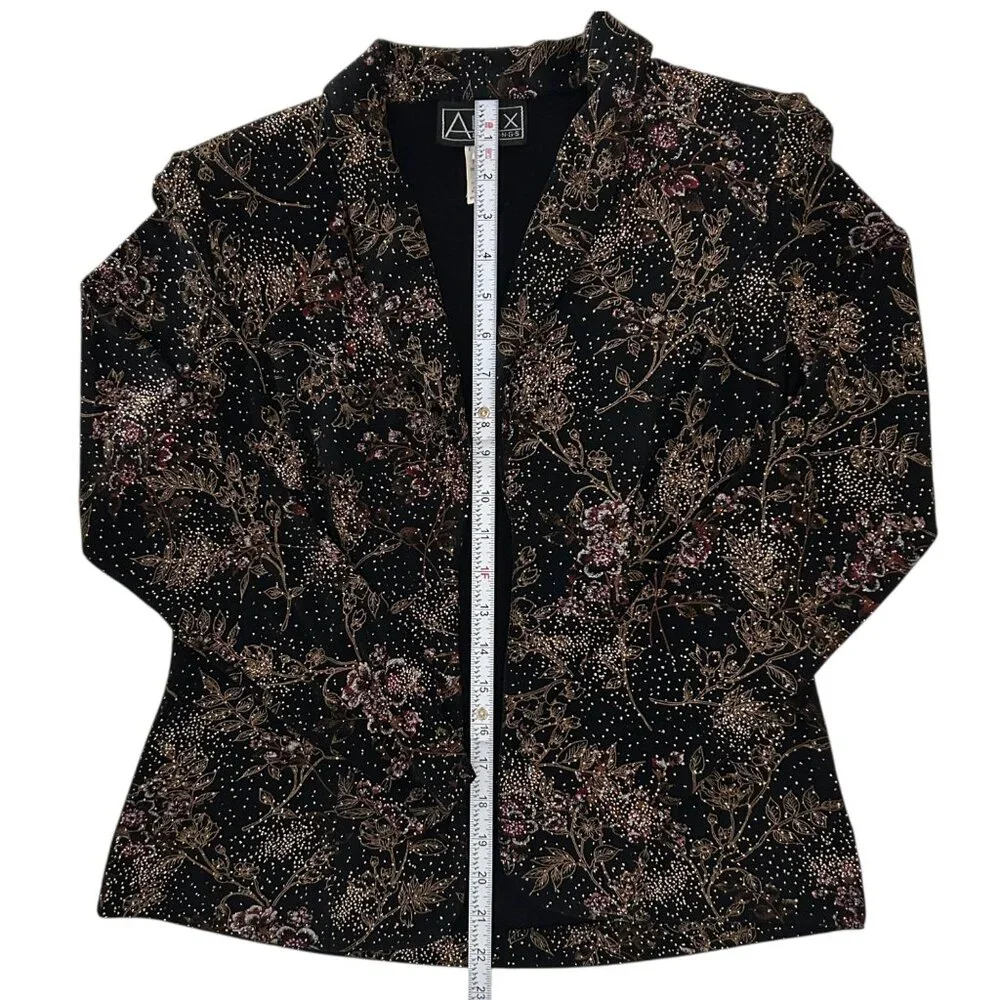 Alex Evenings Vintage Metallic Glitter Floral Design Open Front Jacket (S)